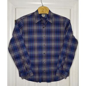 Tailored By J Crew Mens Slim‎ Fit Button Front Shirt Blue Grey Plaid XL Cotton